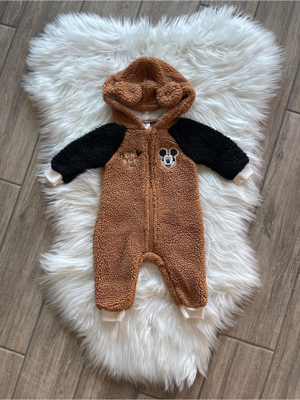 Disney Brown Teddy Fleece One-Piece with Black Sleeves NWOT size 3-6 months
